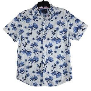 Denim & Flower Shirt Mens M Blue Floral Short Sleeve Button Up Slim Fit